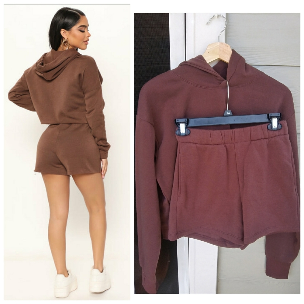 NEW Two-Piece Sweater Fleece Hoodie Shorts Loungewear Set in Brown-Size Small